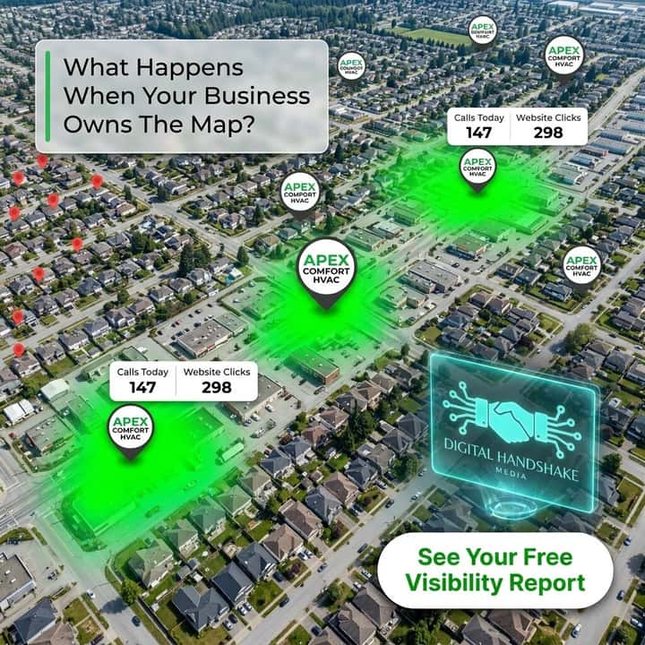 Aerial map view of one business's pin lit with a green coverage radius and today's call and click counts, ringed by competitor pins with no coverage.