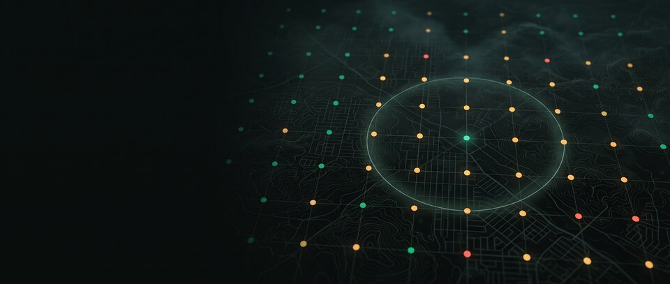 Illustration of a dark street map overlaid with a grid of green, amber and red points and a ring around one centre point: visibility is strongest near the centre and weaker toward the edges.
