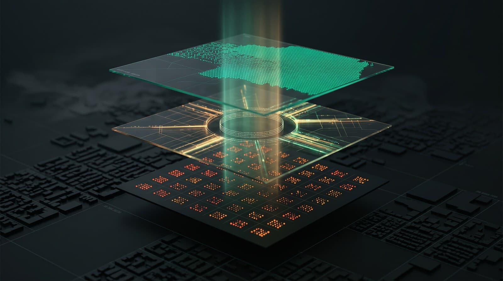 Three stacked translucent panels above a dark 3D city model: a green coverage map, an orange radial grid, and a beam of light passing through them.
