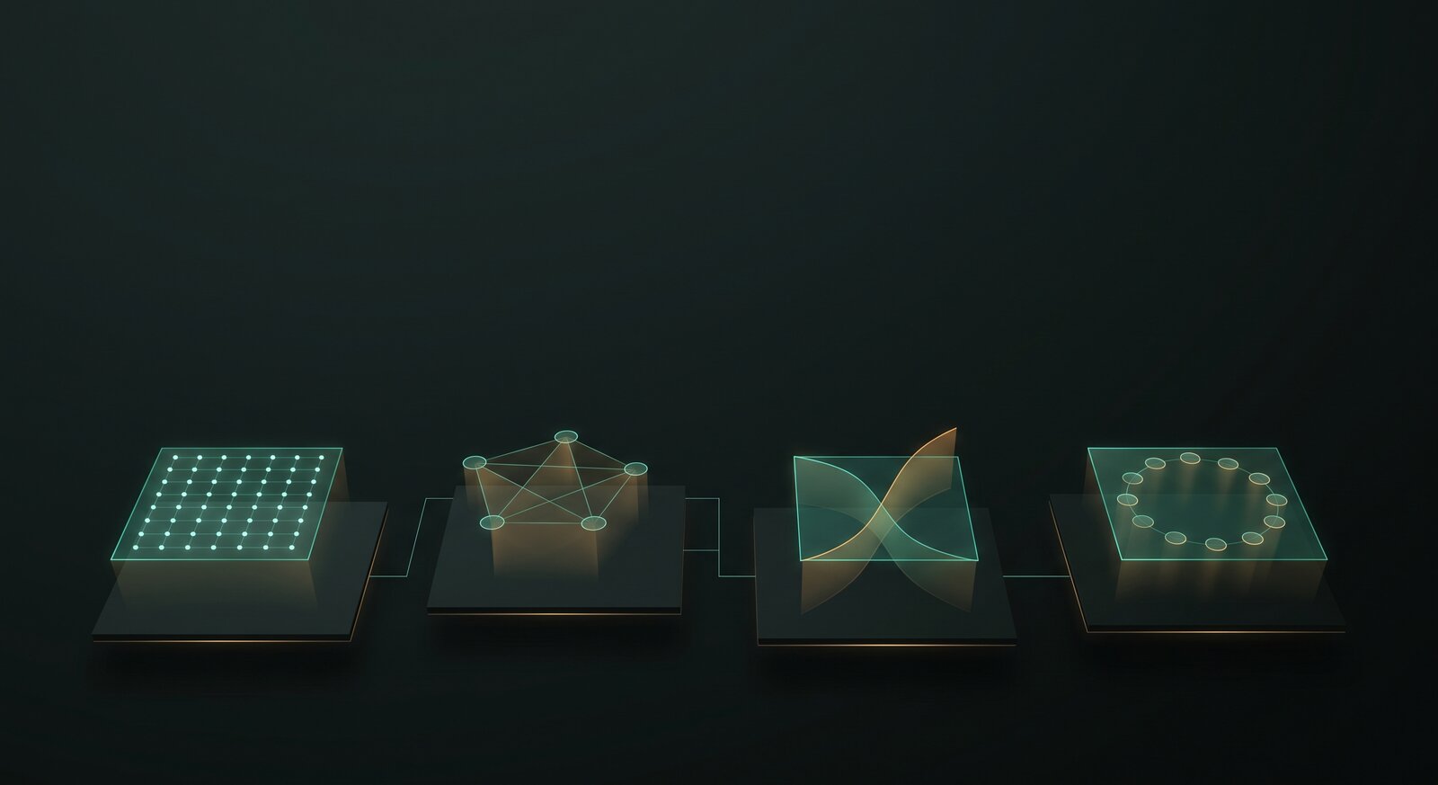 Four dark pedestals in a row, each capped with a lit glass panel: a dot grid, a node network, intersecting curves, and a ring of points.