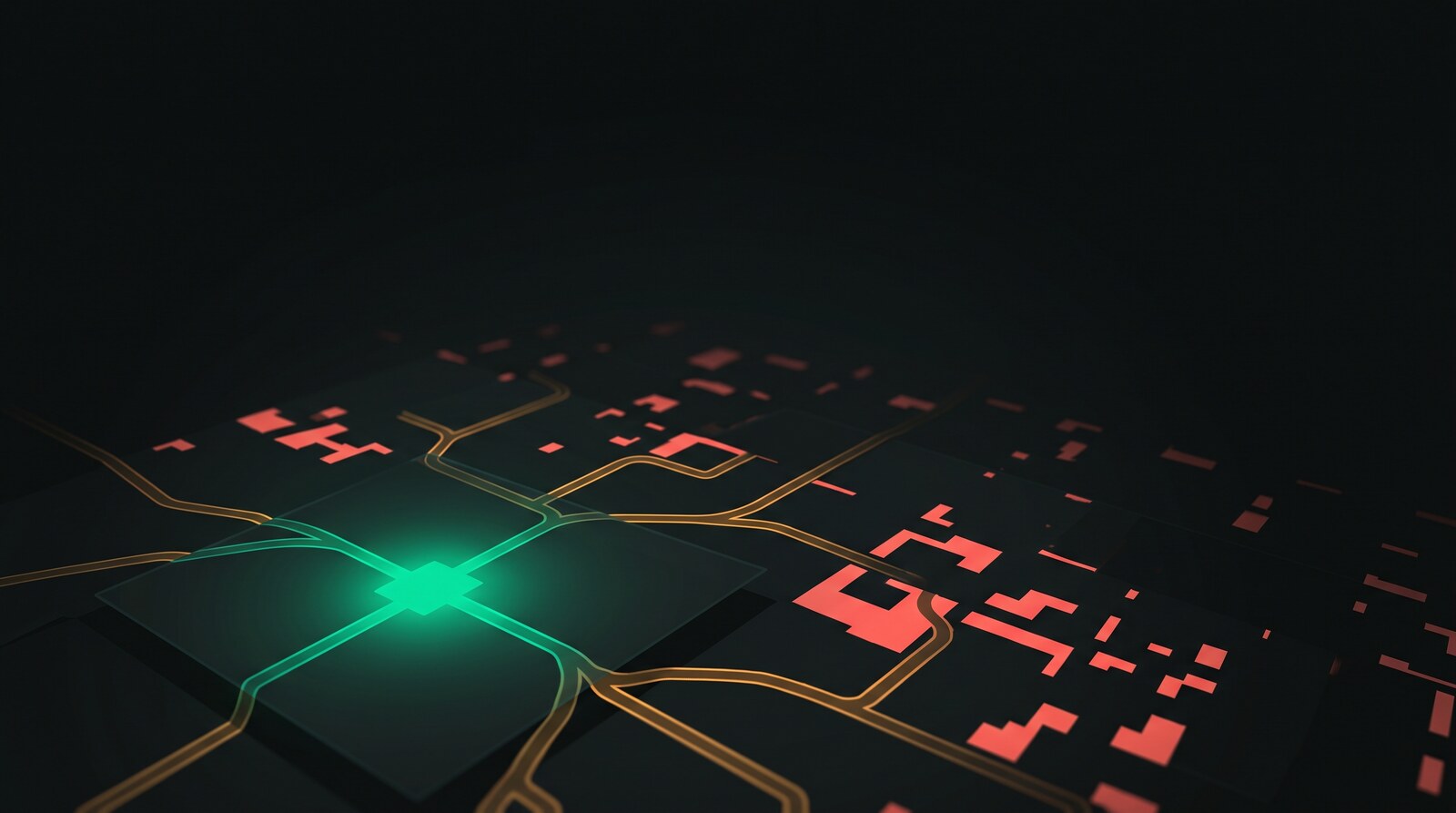 Dark isometric city grid with one block glowing teal at a crossroads while the blocks around it are lit red.