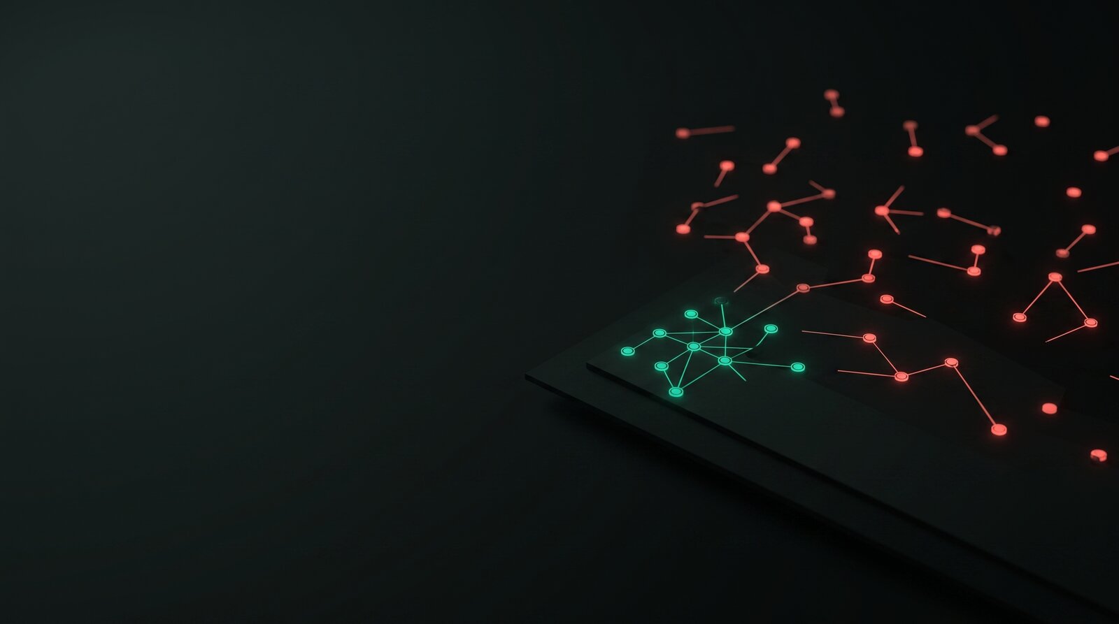 A small, tidy cluster of connected green nodes on a dark surface giving way to a sprawling tangle of disconnected red nodes.