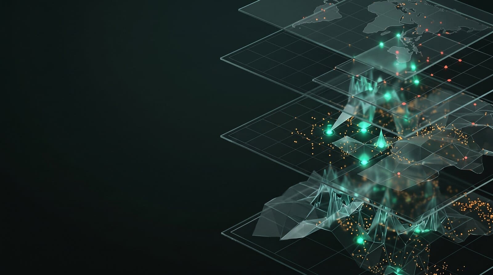Stack of translucent glass layers viewed at an angle: a world map on top, with terrain meshes and clusters of green and orange points on the layers below.