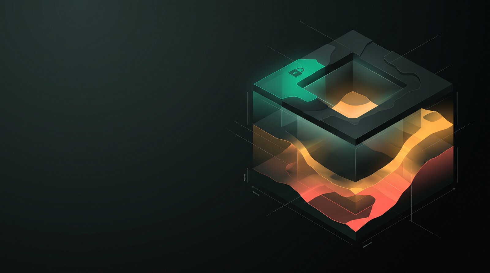 Isometric cutaway cube with a teal padlock on its lid and glowing orange and red layered contours inside.