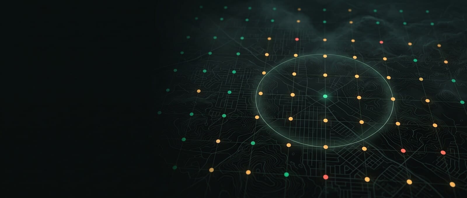 Angled dark city map covered by a regular grid of green, amber and red dots, with a translucent circular radar sweep over the centre.